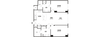 A floor plan of a house with a living room, two bedrooms, a kitchen, a bathroom, and a dining area.