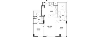 A floor plan of a house with a living room, dining room, kitchen, and two bedrooms.