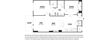 A floor plan of a house with two bedrooms, a living room, a dining room, a kitchen, a balcony, and a bathroom.