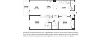 A floor plan of a house with a living room, dining room, kitchen, two bedrooms, and a balcony.