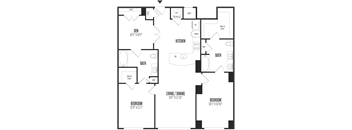 A floor plan of a house with a den, two bedrooms, a living/dining area, a kitchen, a bath, and a walk-in closet.