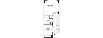 A floor plan of a small apartment with a living/dining area, kitchen, bathroom, and bedroom.