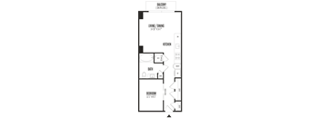 A floor plan of a balcony on the first level, a living/dining area, a kitchen, a bathroom, and a bedroom.