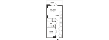 A floor plan of a house with a living room, dining room, kitchen, bathroom, and bedroom.