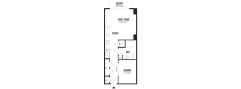 A floor plan of a house with a living room, kitchen, bathroom, and bedroom.