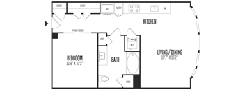 A floor plan of a kitchen, bedroom, and living/dining area.