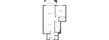 A floor plan of an apartment with a living room, kitchen, bathroom, and bedroom.