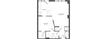 a floor plan of a living room with a bedroom and a kitchen