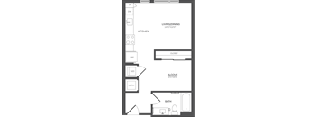 a floor plan of a small house with a bathroom and a kitchen