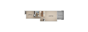 A floor plan of a one bedroom apartment with a living/dining area and a patio/balcony.