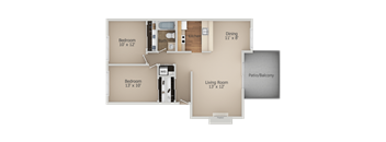 A floor plan of a small apartment with a living room, dining room, kitchen, and two bedrooms.