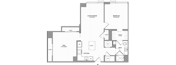 A floor plan of a house with a living room, dining room, kitchen, and bathroom.