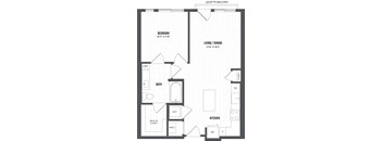 A floor plan of a Juliette Balcony apartment with a bedroom, living/dining area, kitchen, bathroom, and closet.