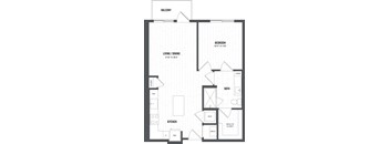 A black and white floor plan of a balcony apartment with a living room, dining room, kitchen, bathroom, and bedroom.