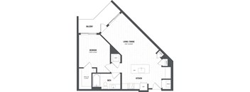 A black and white image of a house floor plan with a living room, dining room, kitchen, and bathroom.