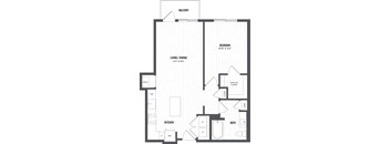 A black and white floor plan of an apartment with a living room, dining room, kitchen, bathroom, and bedroom.