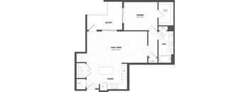 A black and white floor plan of a house with a bedroom, living room, kitchen, and balcony.