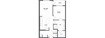 A black and white image of a floor plan for a small apartment.