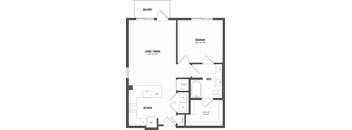A black and white image of a floor plan for a home with a balcony, living/dining area, kitchen, bathroom, bedroom, and closet.