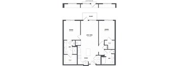 A floor plan of a balcony apartment with two bedrooms, a living area, a kitchen, a bathroom, and a walk-in closet.