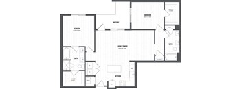A floor plan of a house with a bedroom, living room, and kitchen.