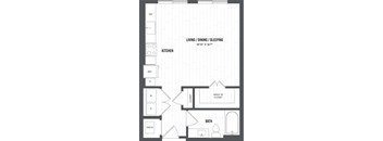 A floor plan of a living, dining, and sleeping area.
