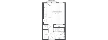 A floor plan of a JULIETTE BALCONY with a living and dining area, kitchen, bathroom, and closets.