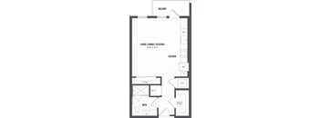 A floor plan of a balcony with a living room, kitchen, bathroom, and closet.