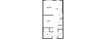 A floor plan of a small apartment with a living room, kitchen, sleeping area, bathroom, and a walk-in closet.