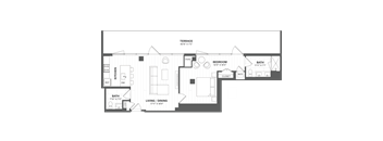 A floor plan of a house with a kitchen, living room, dining room, bedroom, bathroom, and terrace.