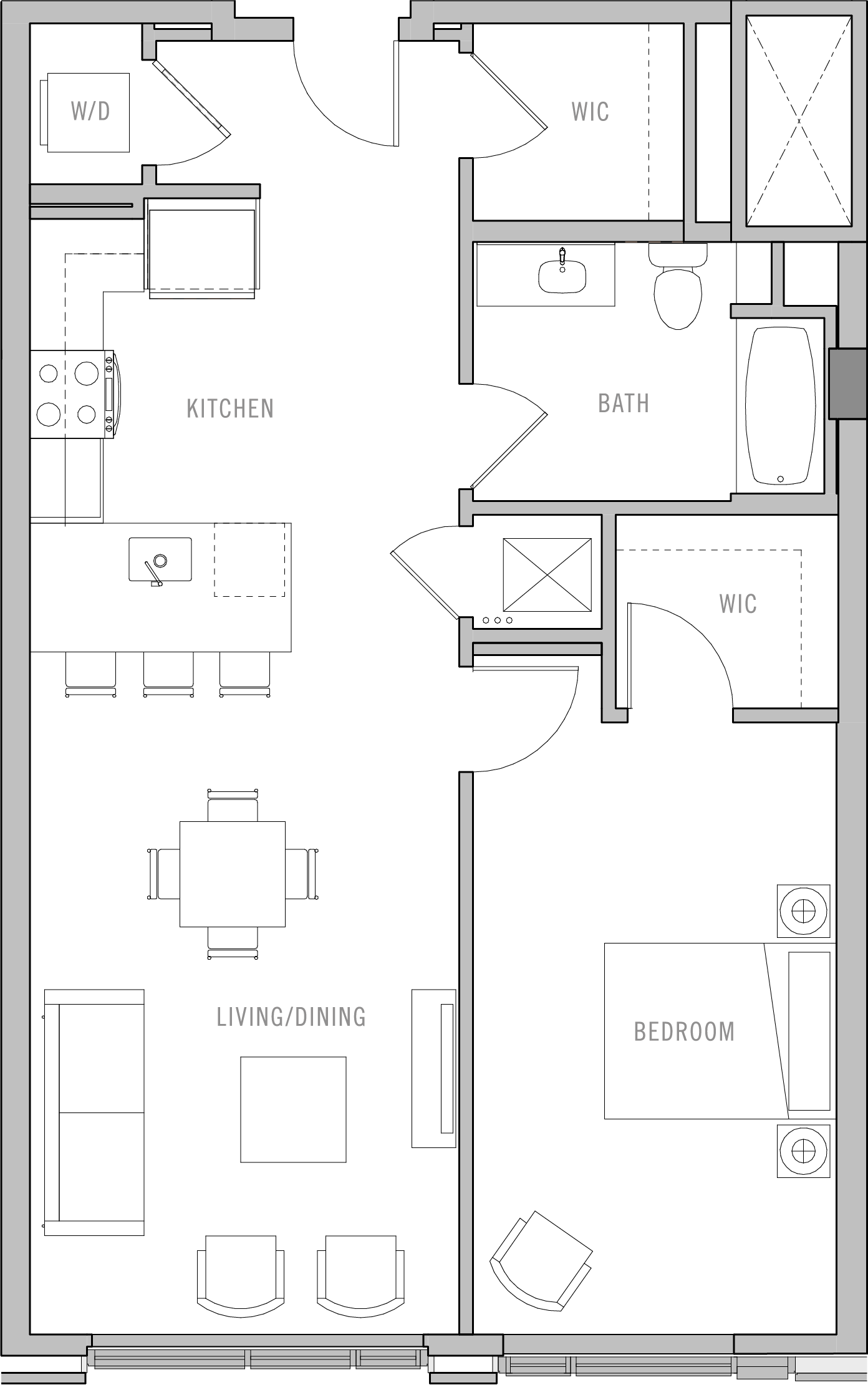A floor plan of a house with a kitchen, living room, dining room, and two bedrooms.