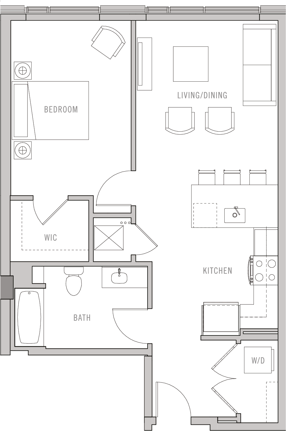 A floor plan of a small apartment with a bedroom, living/dining area, kitchen, bath, and W/D.