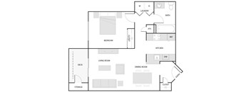 A floor plan of a house with a living room, dining room, kitchen, bedroom, and bathroom.
