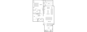 A floor plan of a house with a bedroom, living room, kitchen, and dining room.
