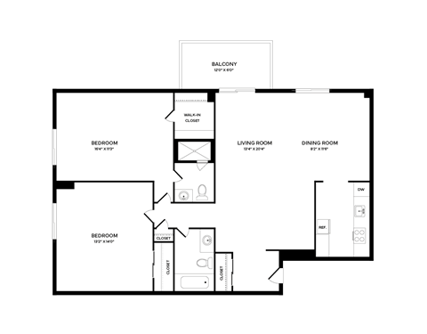 the floor plan of a bedroom apartment
