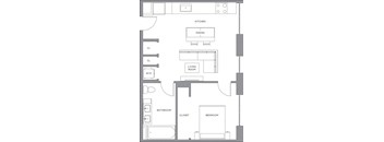 A floor plan of a small apartment with a kitchen, dining room, living room, bathroom, and bedroom.
