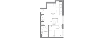 A floor plan of a house with a kitchen, dining area, living room, bedroom, bathroom, and closet.