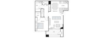 A floor plan of a house with a laundry room, bathroom, kitchen, dining room, living room, bedroom, and closet.