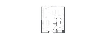 A floor plan of a house with a living room, kitchen/dining area, bedrooms, and a bathroom.