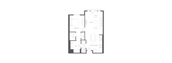 A floor plan of a house with a living room, kitchen/dining area, bedroom, and bathroom.
