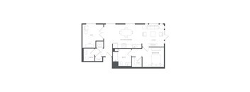 A floor plan of a house with a den, kitchen/dining area, living room, bedroom, bathroom, and guest bathroom.
