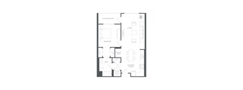 A floor plan of an apartment with a living room, bedroom, bathroom, kitchen/dining area, and office nook.