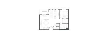 A floor plan of a house with a patio, kitchen, living room, bedroom, and bathroom.