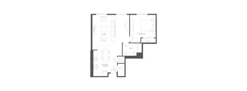 A floor plan of a small apartment with a living room, bedroom, bathroom, and kitchen/dining area.