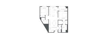 A floor plan of an apartment with two bedrooms, a living room, a bathroom, a kitchen/dining area, and two closets.