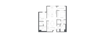 A floor plan of a house with two bedrooms, a living room, a bathroom, a kitchen/dining area, and a patio/balcony.