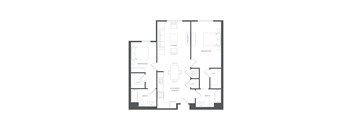 A floor plan of a house with two bedrooms, a living room, a kitchen, a dining room, and two bathrooms.