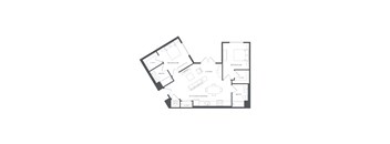 A floor plan of a house with two bedrooms, a living room, a kitchen, a bathroom, and a guest room.
