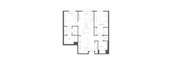 A floor plan of a house with two bedrooms, a living room, a dining room, a kitchen, a bathroom, and a closet.