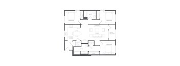 A black and white floor plan of an apartment with two bedrooms, a living room, a kitchen, a bathroom, a balcony, and a dining area.